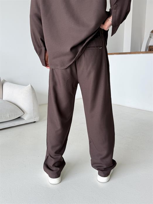 Kahve Dokuma Keten Baggy Pantalon PLZ