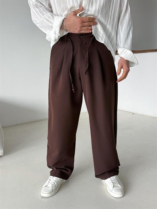 Kahve Double Balon Kalıp Yarım Lastik Pantalon PNC 4068