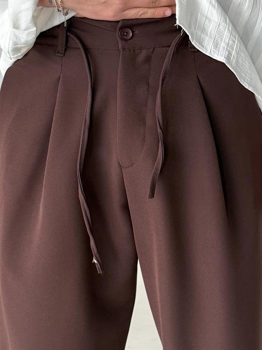 Kahve Double Balon Kalıp Yarım Lastik Pantalon PNC 4068