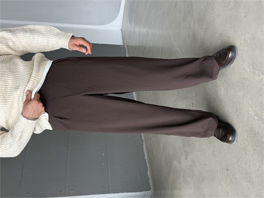 Kahve İnce Detay Çizgili Baggy Kumaş Pantalon SNZ 1471