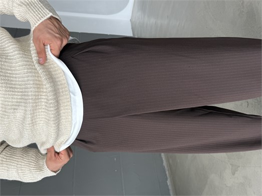 Kahve İnce Detay Çizgili Baggy Kumaş Pantalon SNZ 1471