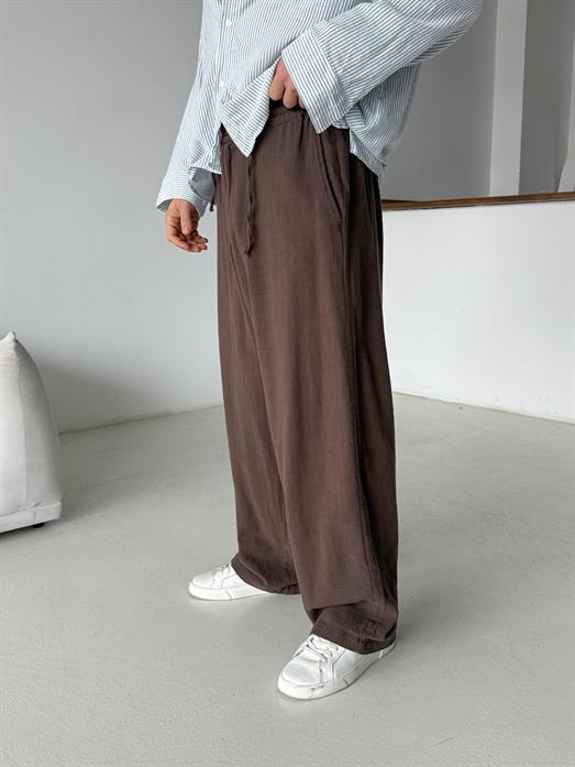 Kahve Keten Baggy Yarı Lastikli Pantalon PNC 4060