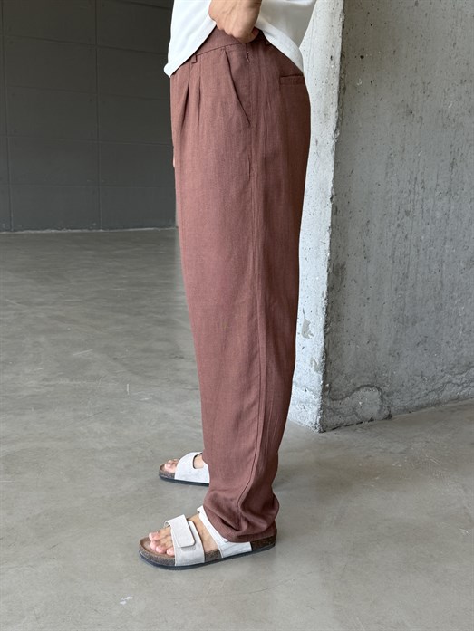 Kahve Keten Kemer Detaylı Baggy Pantalon SNZ 4609