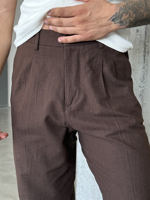 Kahve Keten Kemerli Regular Fit SNZ Pantalon 3937