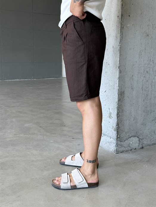 Kahve Keten Kemerli Regular Fit Şort SNZ 3977