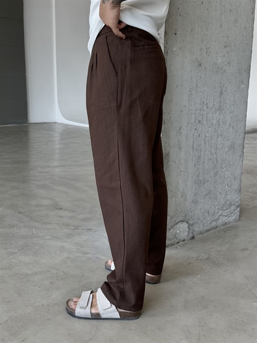 Kahve Keten Kemerli Regular Fit SNZ Pantalon 3937