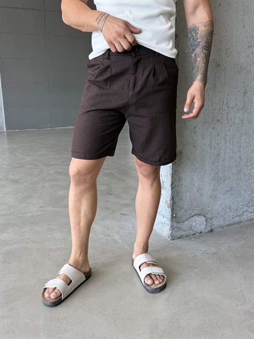 Kahve Keten Kemerli Regular Fit Şort SNZ 3977
