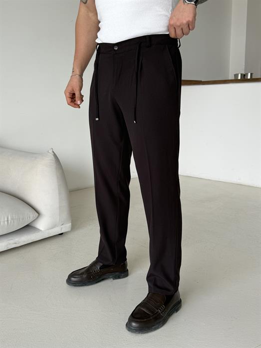 Kahve Pileli Lastikli Bağcıklı Regular Kumaş Pantalon SC
