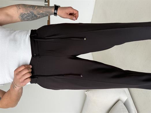 Kahve Pileli Lastikli Bağcıklı Regular Kumaş Pantalon SC