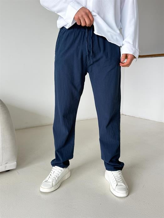 Lacivert Bel Lastikli Keten Pantalon TK