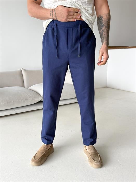 Lacivert Çizgi Keten Bağcıklı Pantalon LNS 23124