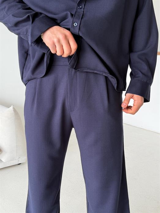 Lacivert Dokuma Keten Baggy Pantalon PLZ