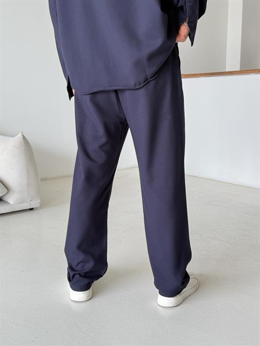Lacivert Dokuma Keten Baggy Pantalon PLZ