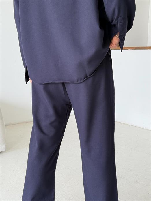 Lacivert Dokuma Keten Baggy Pantalon PLZ
