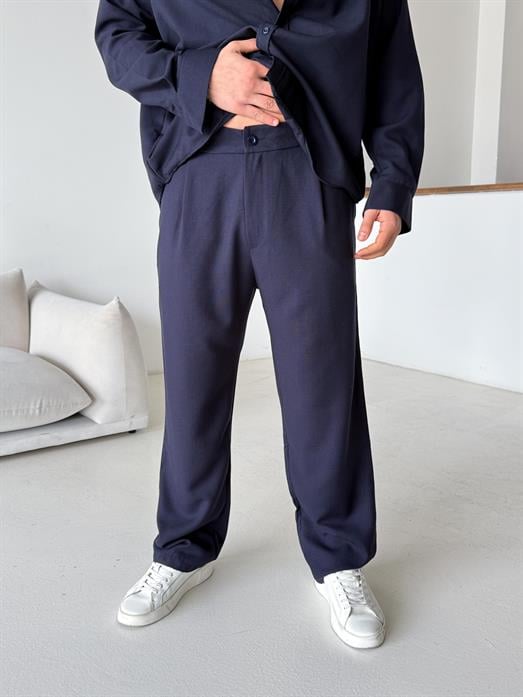 Lacivert Dokuma Keten Baggy Pantalon PLZ