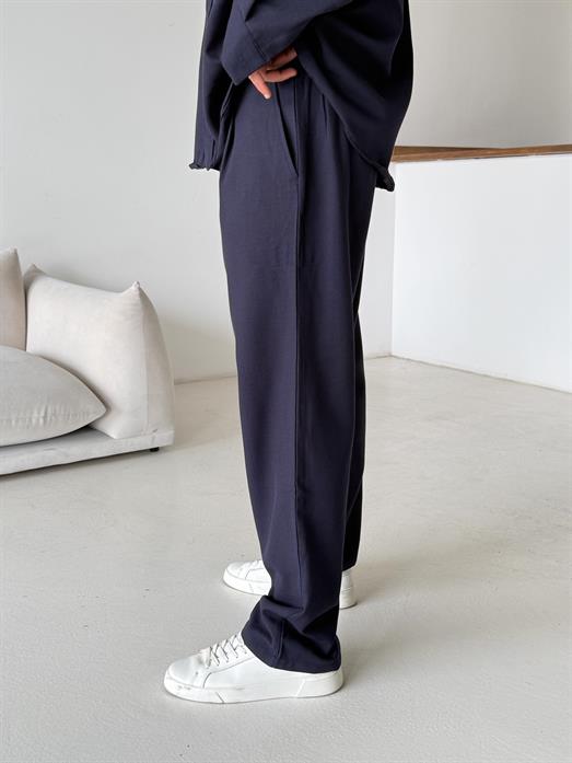 Lacivert Dokuma Keten Baggy Pantalon PLZ