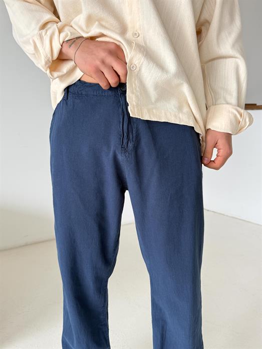 Lacivert Düğmeli Ham Keten Pantalon TK