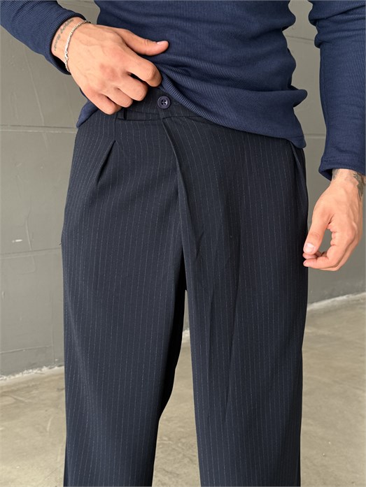 Lacivert İnce Detay Çizgili Baggy Kumaş Pantalon SNZ 1471