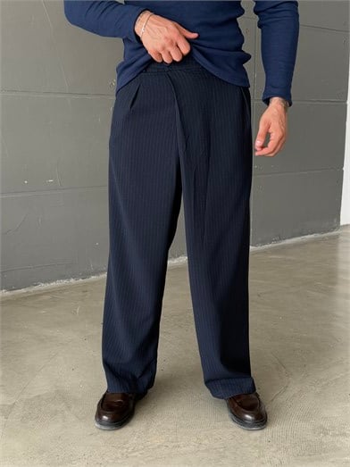 Lacivert İnce Detay Çizgili Baggy Kumaş Pantalon SNZ 1471