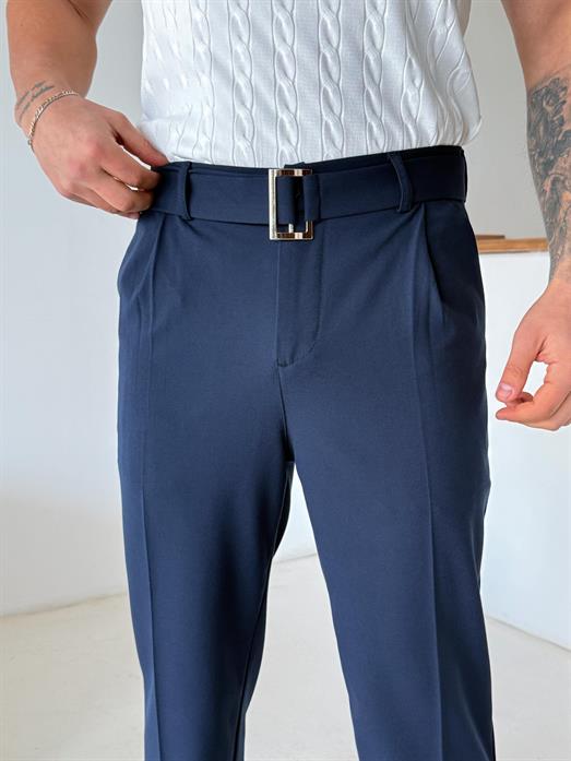 Lacivert Kendi Kemerli Regular Fit Bezayağı Kumaş Pant N1344