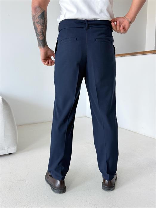 Lacivert Kendi Kemerli Regular Fit Bezayağı Kumaş Pant N1344