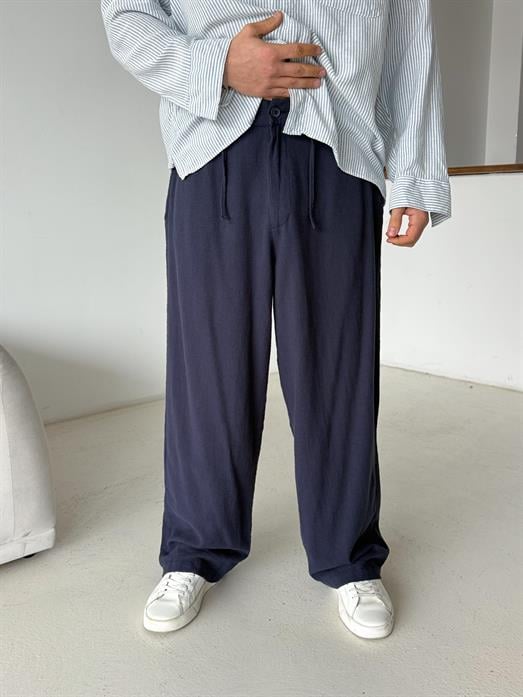 Lacivert Keten Baggy Yarı Lastikli Pantalon PNC 4060