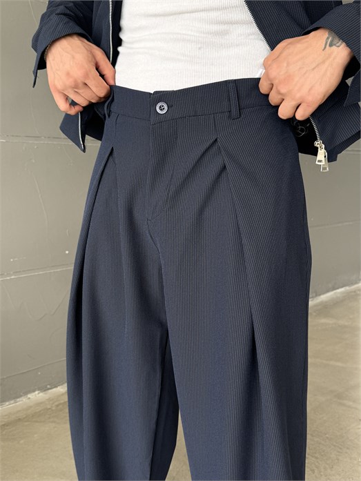 Lacivert Kore Kalıp Çizgili Bol Pantalon SNZ 1445