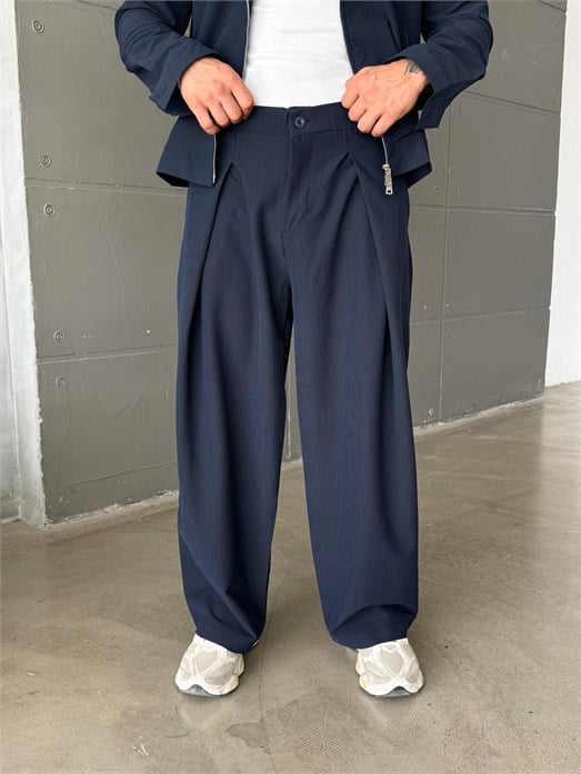 Lacivert Kore Kalıp Çizgili Bol Pantalon SNZ 1445