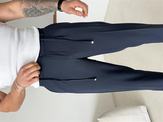Lacivert Pileli Lastikli Bağcıklı Regular Kumaş Pantalon SC