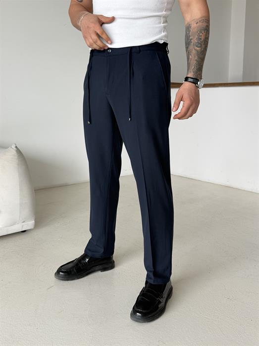 Lacivert Pileli Lastikli Bağcıklı Regular Kumaş Pantalon SC