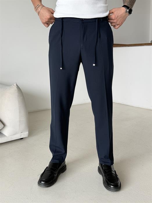 Lacivert Pileli Lastikli Bağcıklı Regular Kumaş Pantalon SC