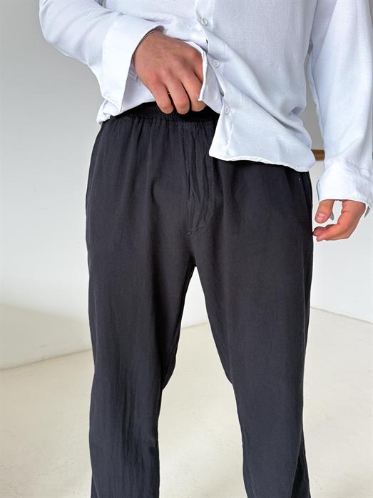 Siyah Bel Lastikli Keten Pantalon TK