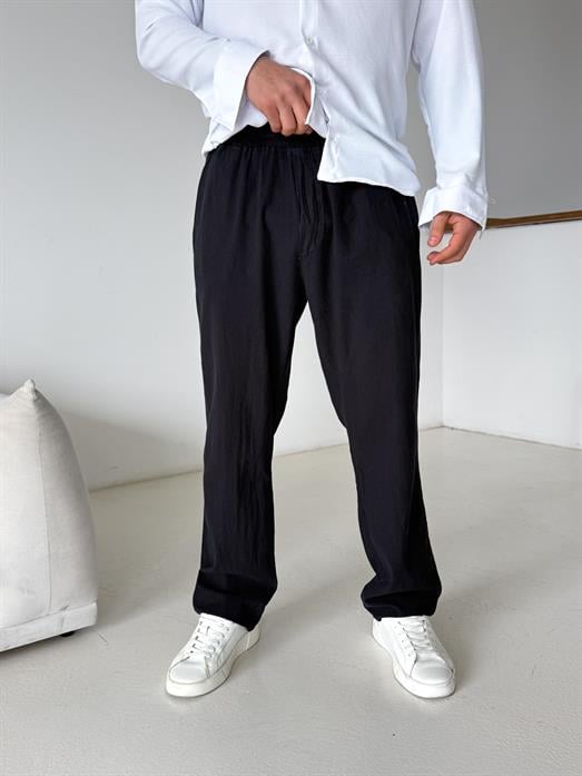 Siyah Bel Lastikli Keten Pantalon TK