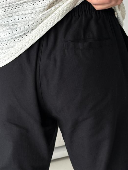Siyah Çizgi Keten Bağcıklı Pantalon LNS 23124