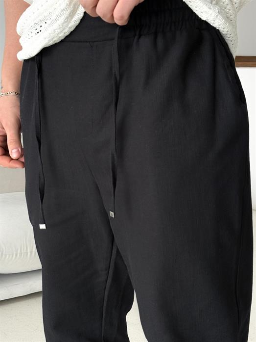 Siyah Çizgi Keten Bağcıklı Pantalon LNS 23124
