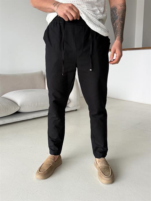 Siyah Çizgi Keten Bağcıklı Pantalon LNS 23124