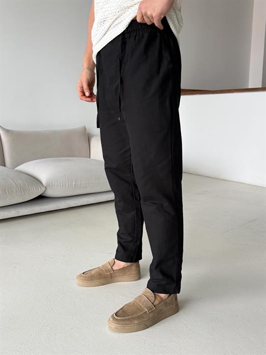 Siyah Çizgi Keten Bağcıklı Pantalon LNS 23124