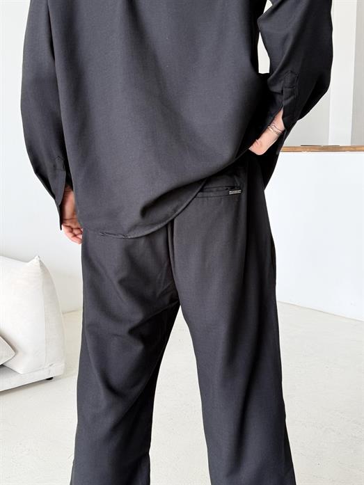 Siyah Dokuma Keten Baggy Pantalon PLZ