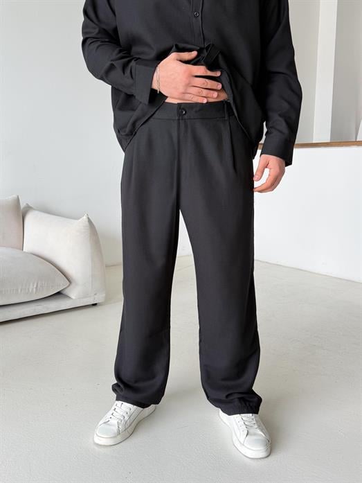Siyah Dokuma Keten Baggy Pantalon PLZ
