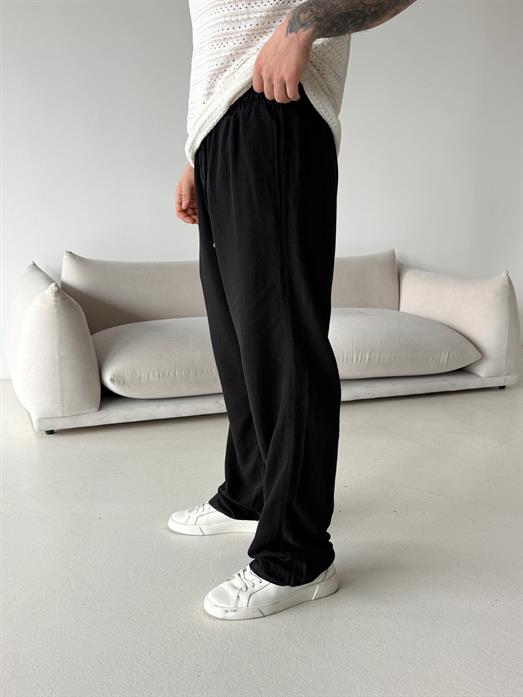 Siyah Ham Keten Bol Bağcıklı Pantalon LNS 23115