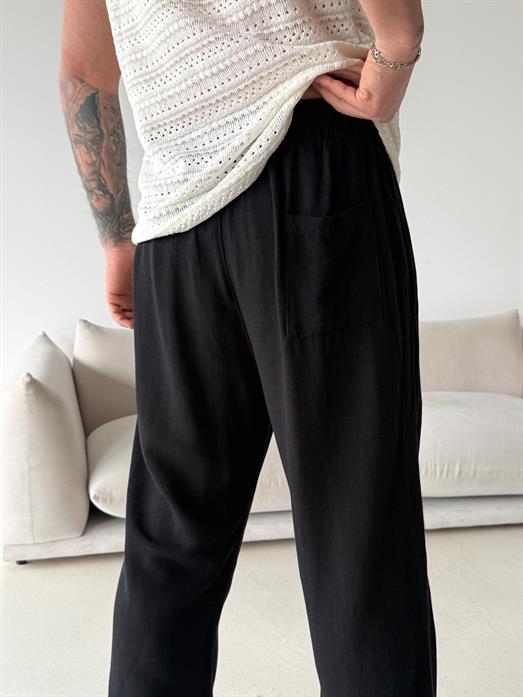 Siyah Ham Keten Bol Bağcıklı Pantalon LNS 23115