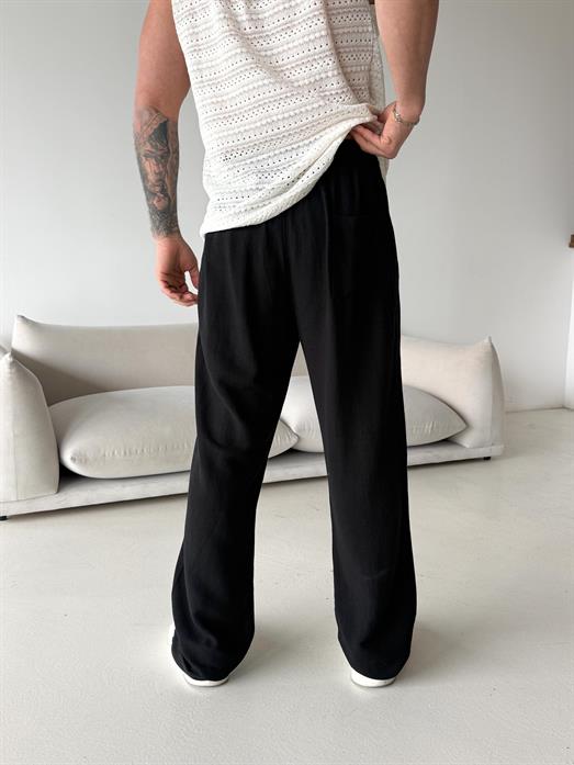 Siyah Ham Keten Bol Bağcıklı Pantalon LNS 23115