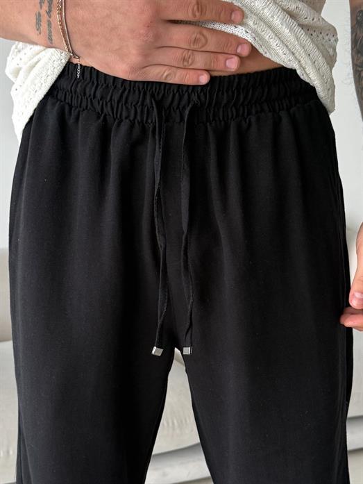 Siyah Ham Keten Bol Bağcıklı Pantalon LNS 23115