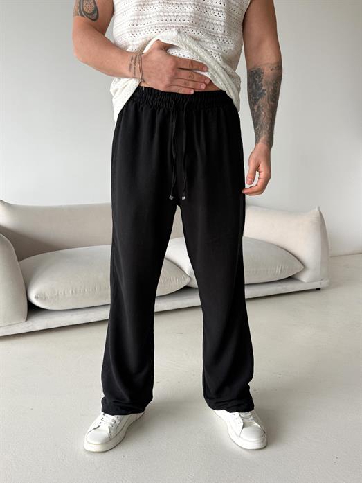 Siyah Ham Keten Bol Bağcıklı Pantalon LNS 23115