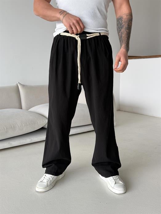 Siyah Hasır Kemer Bol Keten Pantalon VMS V40-640