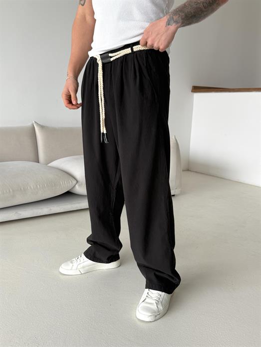 Siyah Hasır Kemer Bol Keten Pantalon VMS V40-640