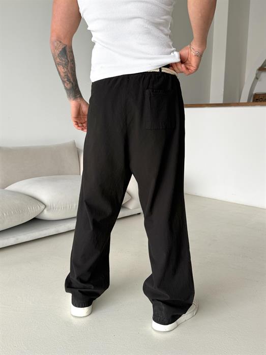 Siyah Hasır Kemer Bol Keten Pantalon VMS V40-640