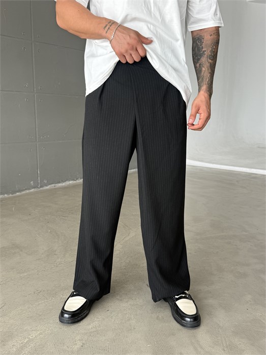 Siyah İnce Detay Çizgili Baggy Kumaş Pantalon SNZ 1471
