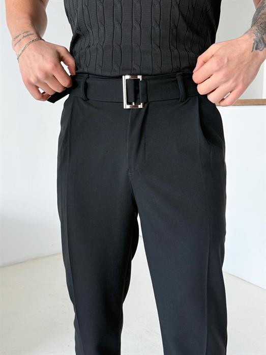 Siyah Kendi Kemerli Regular Fit Bezayağı Kumaş Pant N1344
