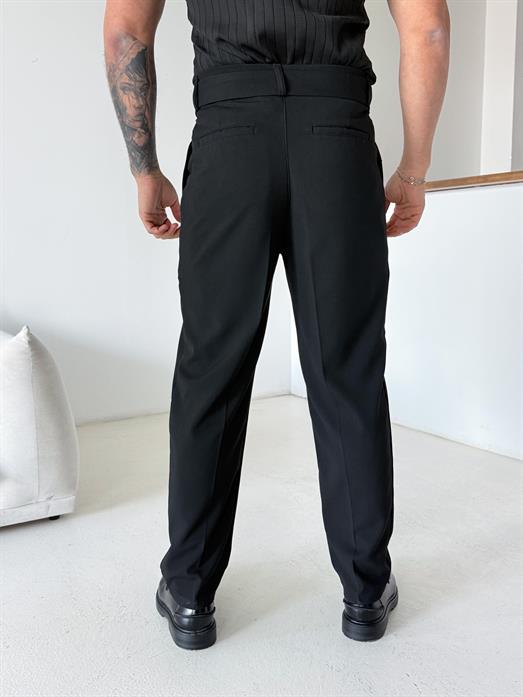 Siyah Kendi Kemerli Regular Fit Bezayağı Kumaş Pant N1344